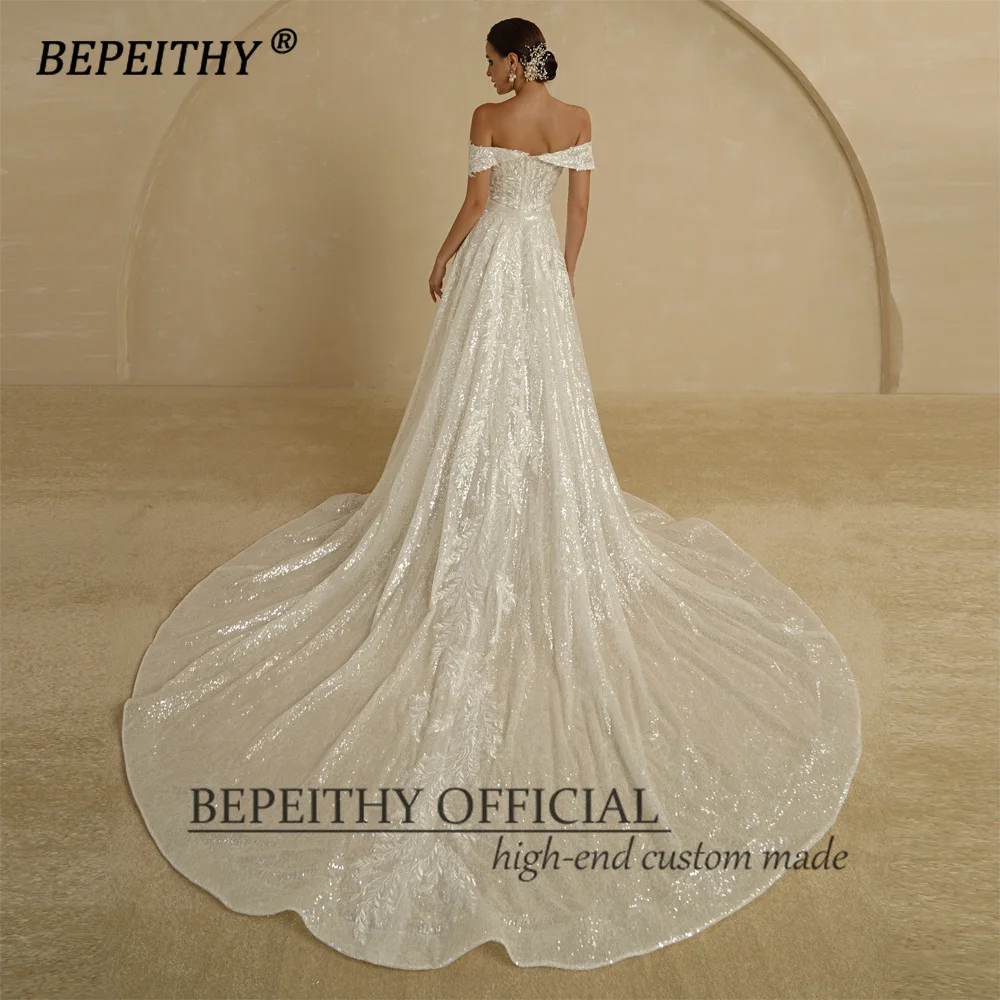 BEPEITHY Customized Sequins Mermaid Wedding Dresses 2022 For Women 2 In 1 Detachable Train Lace Bridal Gown Beach Vestido Novia