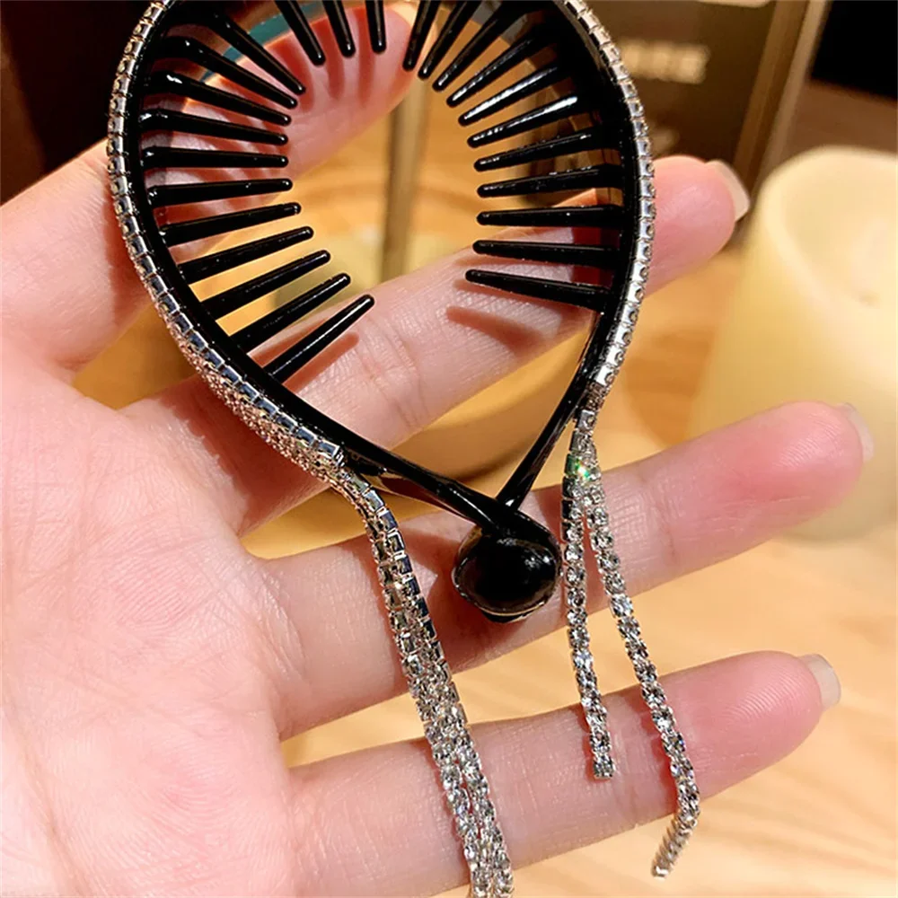 Shiny Rhinestone Tassel Hair Clip Exquisite Flower Bud Hairstyle Fixator for Women Horsetail Hair Claw Fashion Accessories Gifts