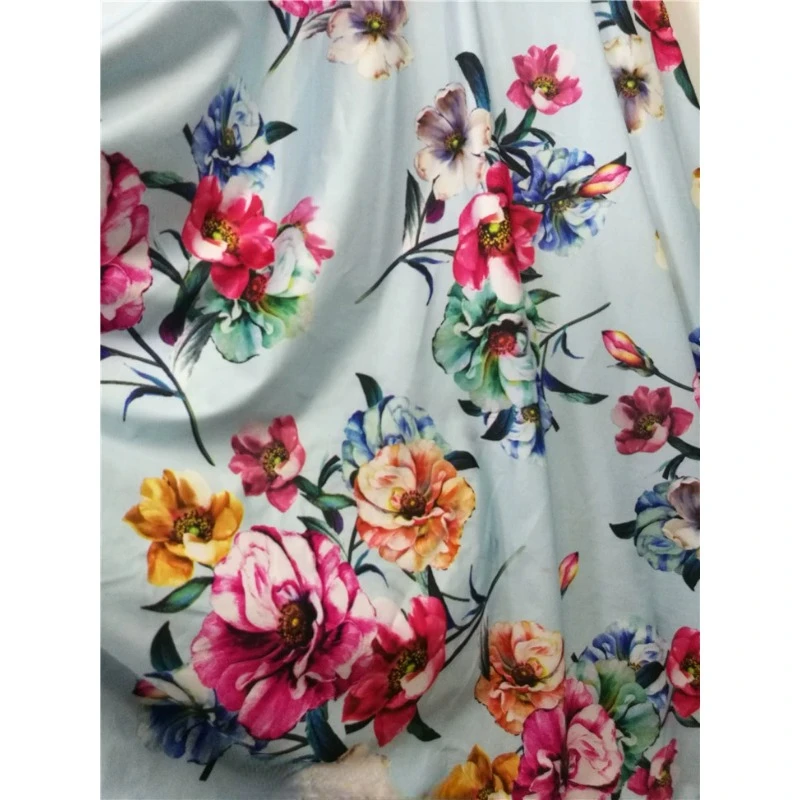 New Flower Type Light Blue Bottom Big Flower Milk Silk Printed Fabric Dress Long Skirt Cheongsam DIY Fabric