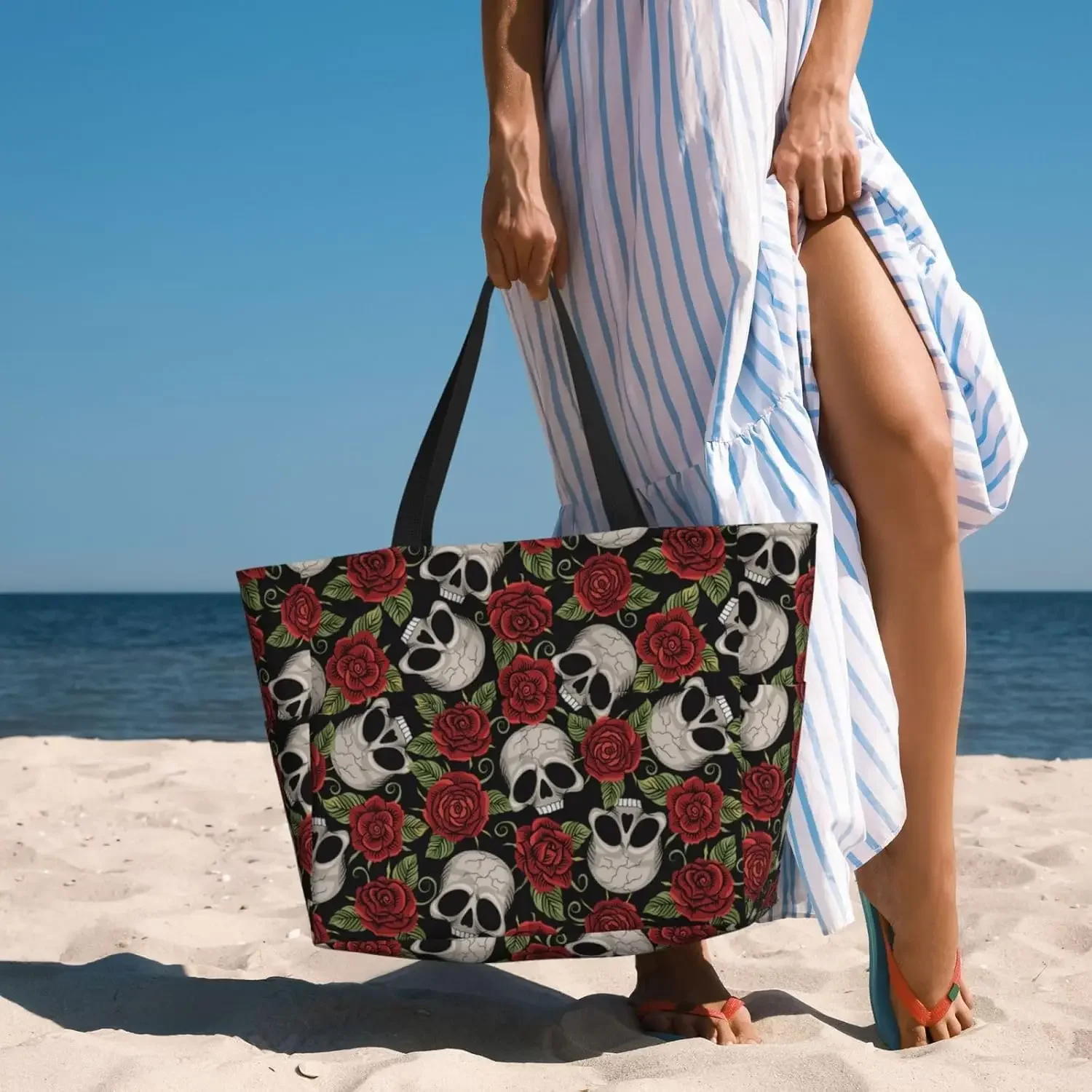 Large Beach Bags Waterproof Sandproof - Red rose skull Cute Beach Tote Bags for Women with Zipper