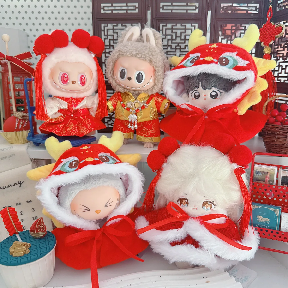 10cm Kawaii Idol Doll Clothes Cute New Year's Lion Dance shawl Cloak Red Set Cartoon Small Doll Clothes for Happy New Year Decor