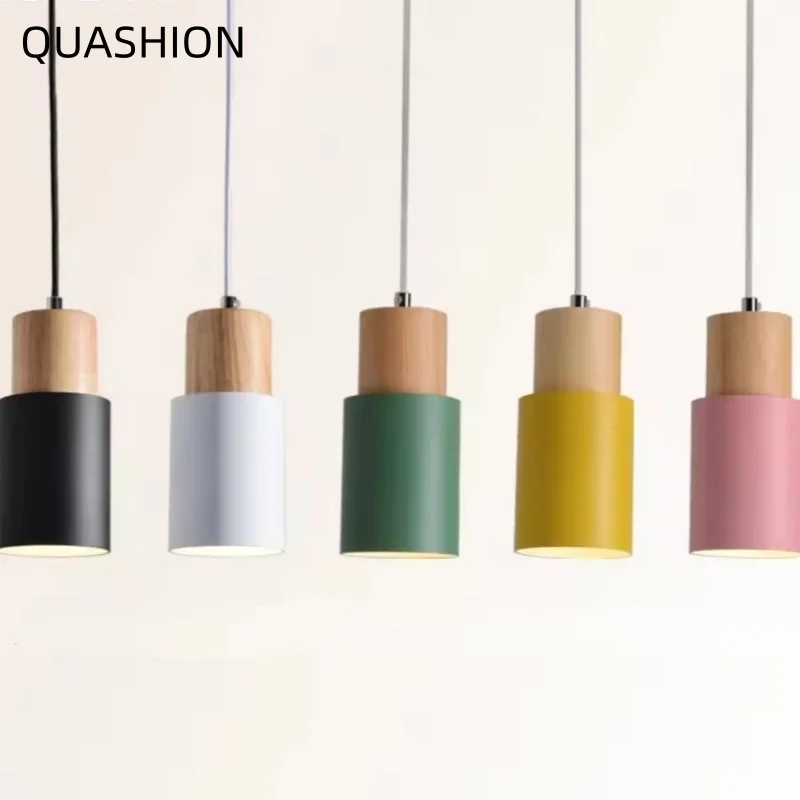 

Скандинавский деревянный цилиндрический подвесной светильник, минималистичное освещение для обеденного стола, кухонного острова, спальни, E27, с цветным плафоном