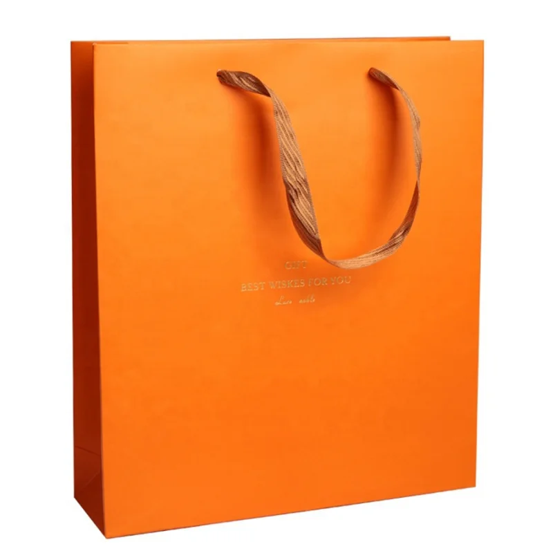 

100pcs size 40x30x10cm custom Customized luxury gold foil orange gift paper bag clothing packaging