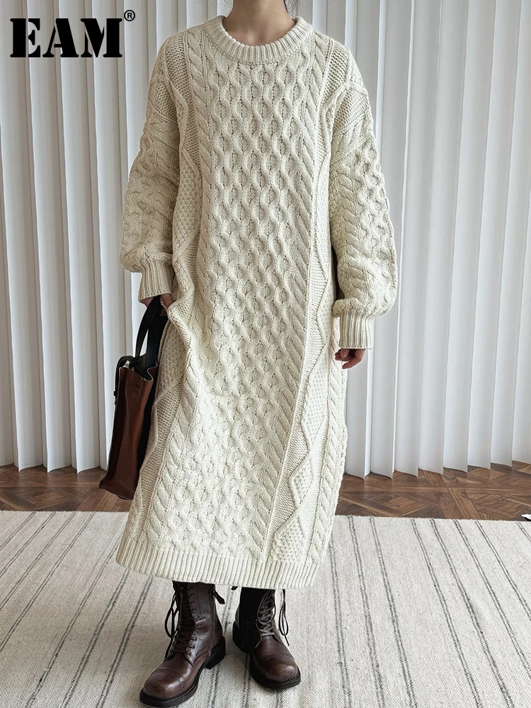 

[EAM] Women Beige Thick Big Size Knitting Long Elegant Dress New Round Neck Long Sleeve Fashion Tide Autumn Winter 2024 1DH7729