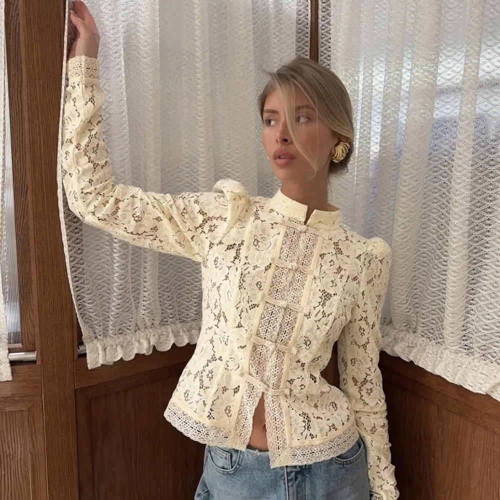 Hollow Out Lace Printed Shirts Long Sleeves Frog Button See-Through Blouse Patchwork Chinese Style Women Shirt Tops Commute