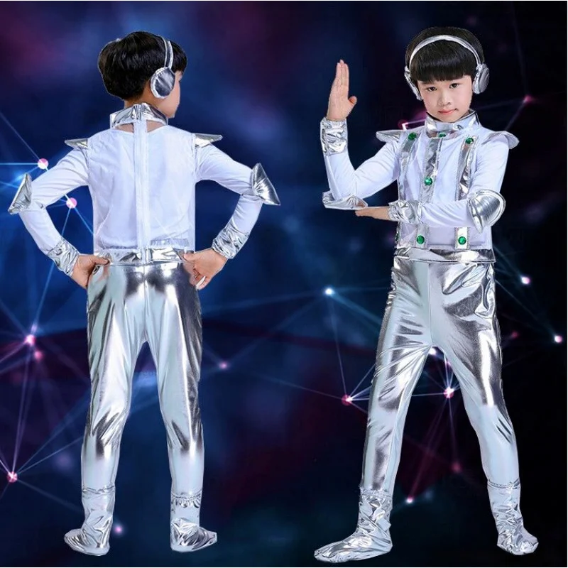 Kids Robot Costume White Silver Astronaut Space Suit Stage Show Time Clothing Performance Dance Clothes for Boy Girl