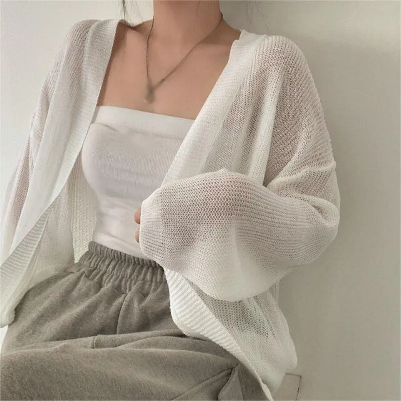 Summer Ice Silk Short Knitted Sunscreen Cardigan Solid Color Thin Versatile Casual Ice Silk Knit Cardigan Women Long Sleeve Top