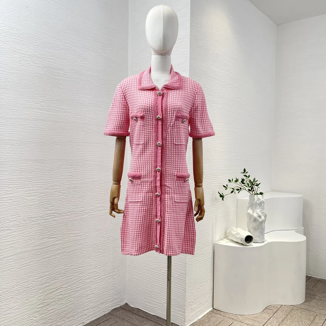 2024 Mew Women High Quality Pink/Blue Plaid Short Sleeve Slim Knitted Mini Dress