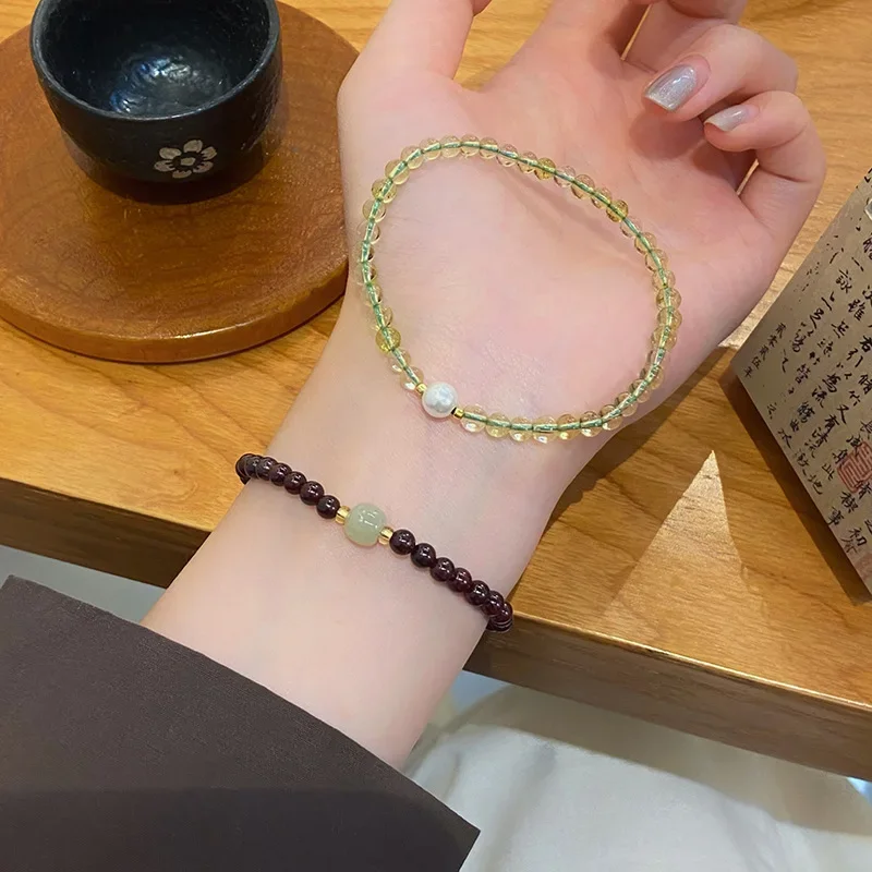 Simple Design 4mm Natural Green Olivine Stone Garnet Jade Beaded Strand Thin Bracelets for Women Female Student Accessories 1316