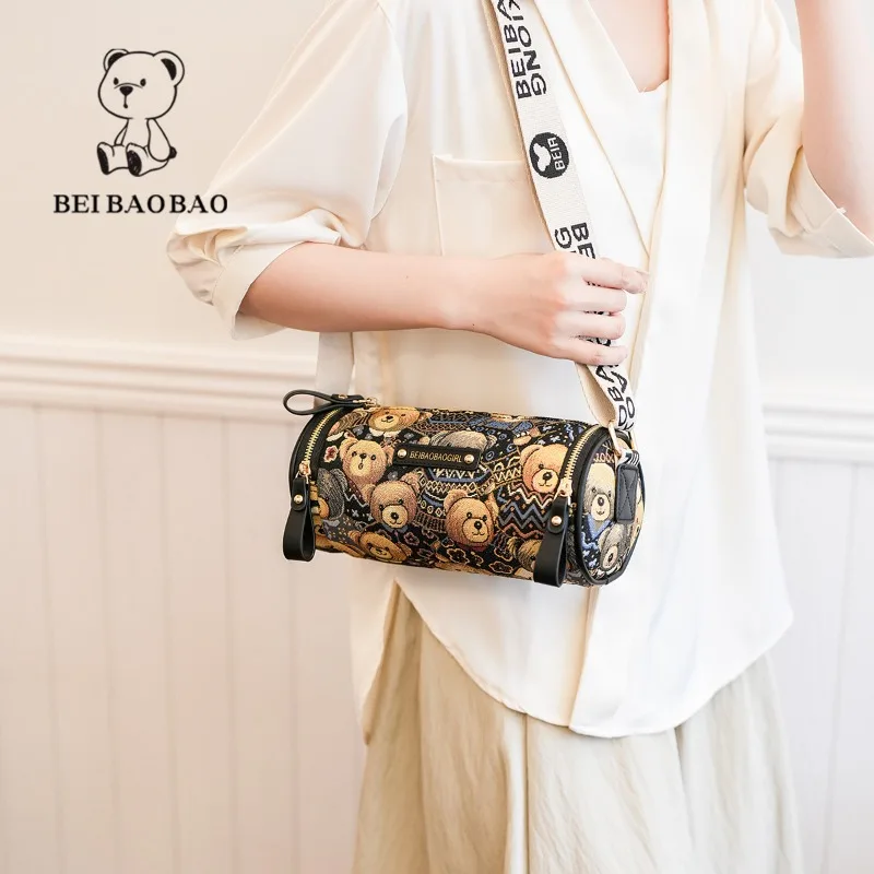 Beibaobao Cylindrical Small Bag for Women 2024 Summer New Bear Pattern Casual Fashion Canvas Bag Women's Shoulder Crossbody Bag