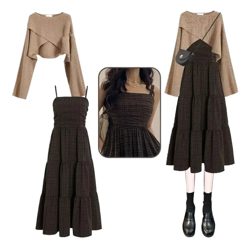 

Women's Spring Autumn New Vintage Short Knit Sweater+Sexy Strap Skirt Two-Piece Suit Korean Elegant Pullover Dress Matching Set