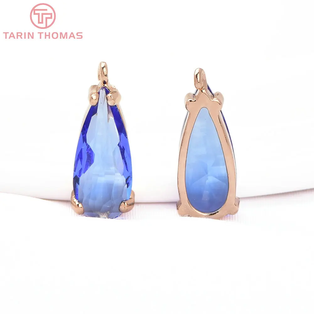 (8371) 6PCS 7.5x18.5MM 24K Gold Color Brass with Glass Water Drop Shaped Pendants High Quality Diy Jewelry Making Findings