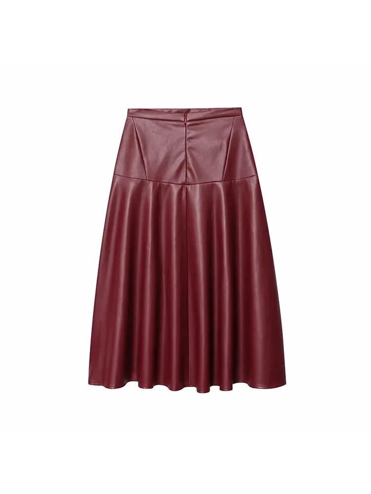 Women 2025 Autumn New Fashion Faux Leather Midi Skirt Retro High Waist Chic Rear Zipper Draped Slim Skirt Mujer