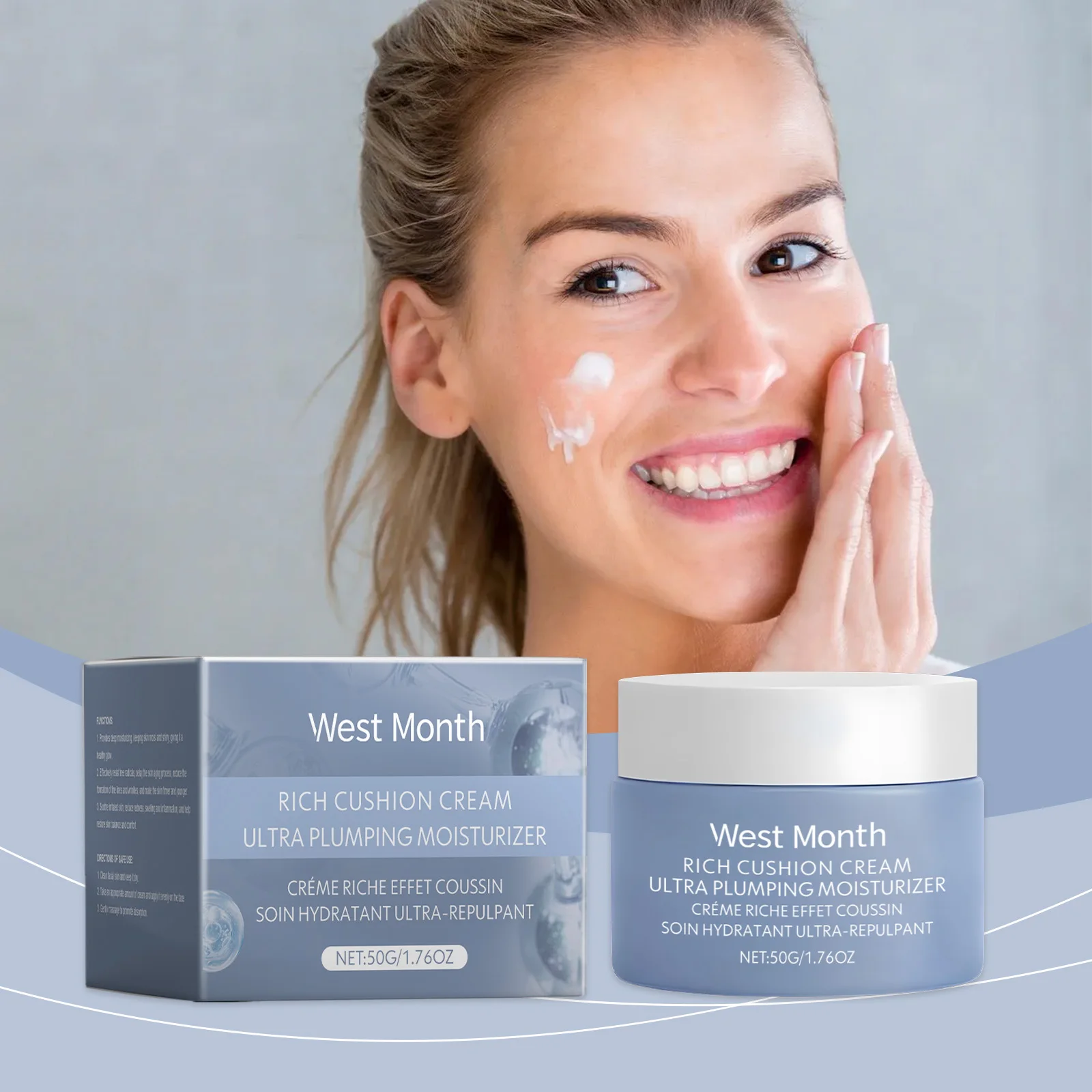 Crema idratante West&Month, acido ialuronico, olio di mandorle dolci, estratto di aloe vera, viso, effetto idratante e radiante, Net Wei