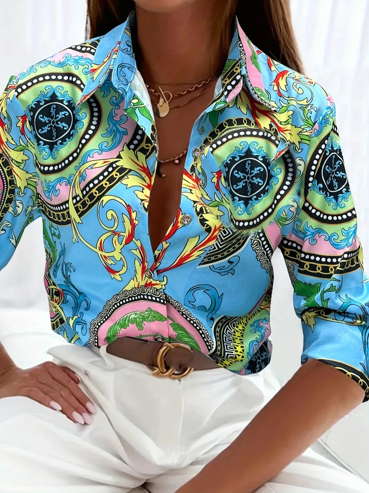 Large Size Floral Women's Long Sleeved Shirt Daily Comfort Loose Fit Women's Shirt Suitable Street Commuting Women's Shirt