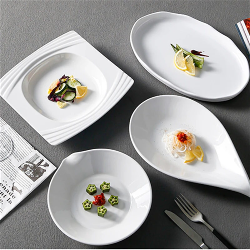 

Irregular Shape White Melamine Hotel Dinner Plates Dishes Imitation Porcelain Trays Salad Dessert for Home and Kitchen