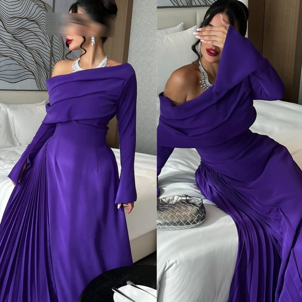 فستان سهرة جيرسي أرجواني بسيط مخصص بكتف واحد وأكمام طويلة مكشكشة للمناسبات الخاصة فستان حفلة موسيقية أنيق