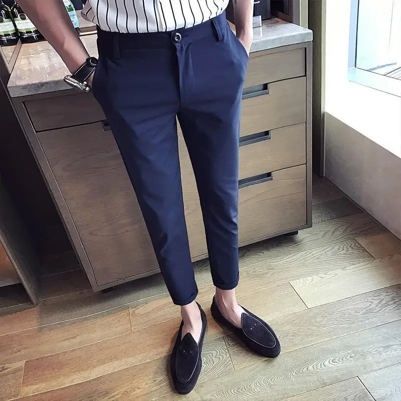 

2023 Spring Suit Pants Mens Stretch Korean Casual Slim Fit Elastic Ankle Length Solid Color Business Classic Trousers Male A222