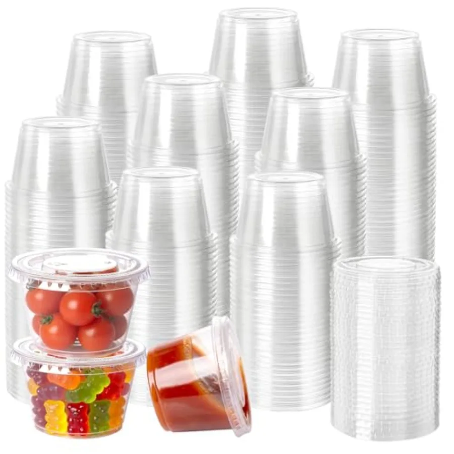 100Pack 4oz Disposable Plastic Portion Cups with Lids, Small Mini Sauce Cups for Portion Control, Salad Dressing Cups, Airtight