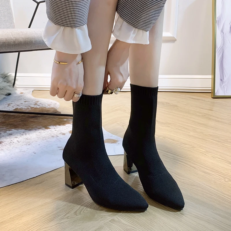 2022 wiosenne i jesienne nowe szpiczaste skarpetki, cienkie buty, oddychające latające tkane wysokie obcasy, jednokolorowe buty damskie