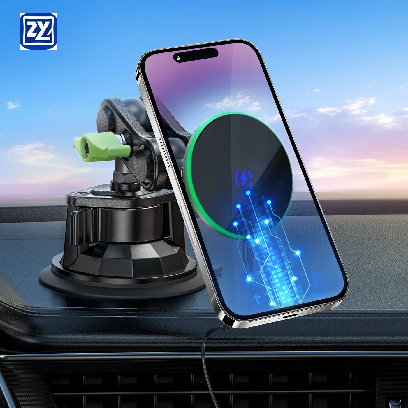 

Универсальный магнитный держатель для телефона из алюминиевого сплава с беспроводной зарядкой, гибким шаровым шарниром и креплением на присоске для приборной панели автомобиля