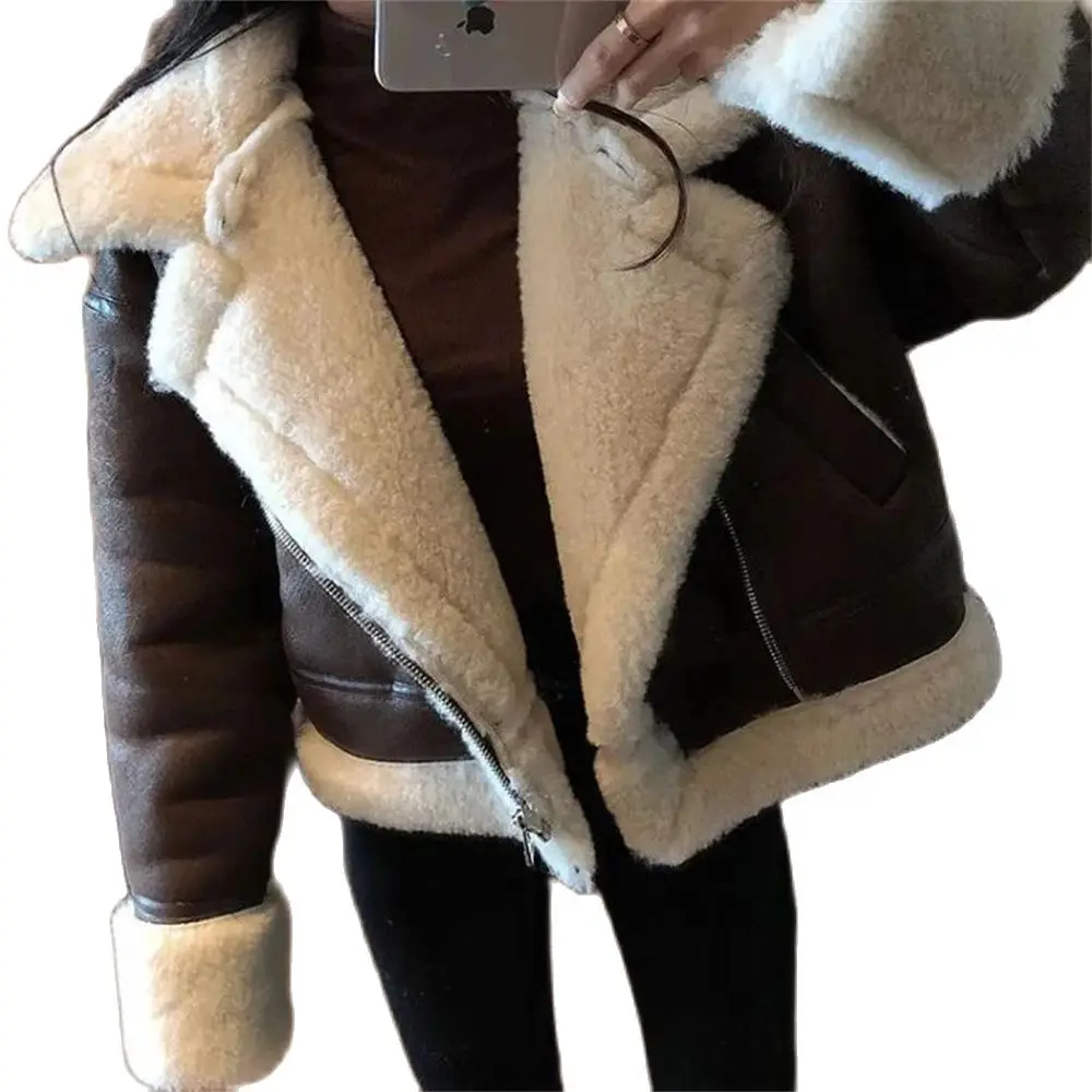 2024 Women Jacket Fashion Thick Warm Faux Leather Coat Vintage Long Sleeve Flap Pocket Female Outerwear Chic Tops