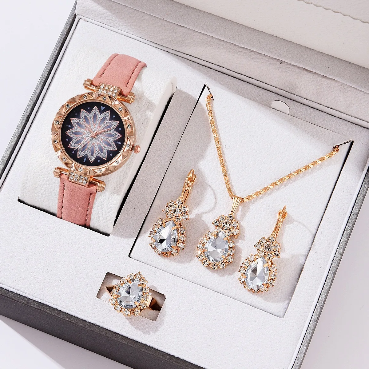 Exquisito conjunto de regalo creativo con temperamento para mujer, accesorios de reloj con incrustaciones de diamantes, reloj de pulsera sin caja de regalo, 4 piezas por juego