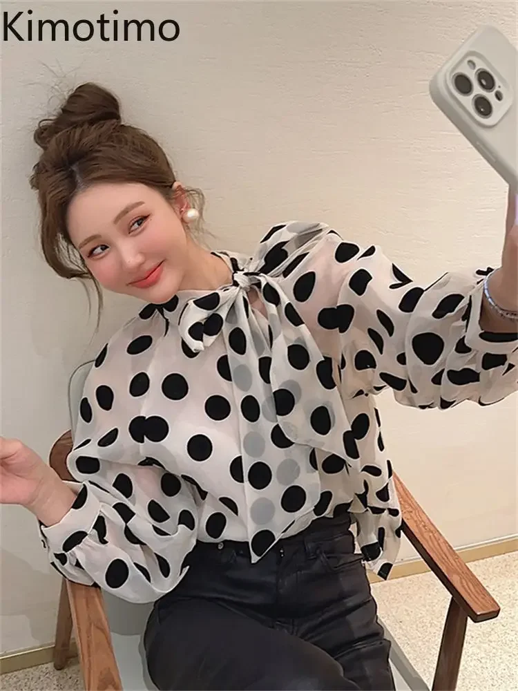 Kimotimo Polka Dot Long Sleeve Chiffon Blouse Women 2024 New Bow Lace Up Collar Transparent Design Tops Elegant Loose Shirt Ins