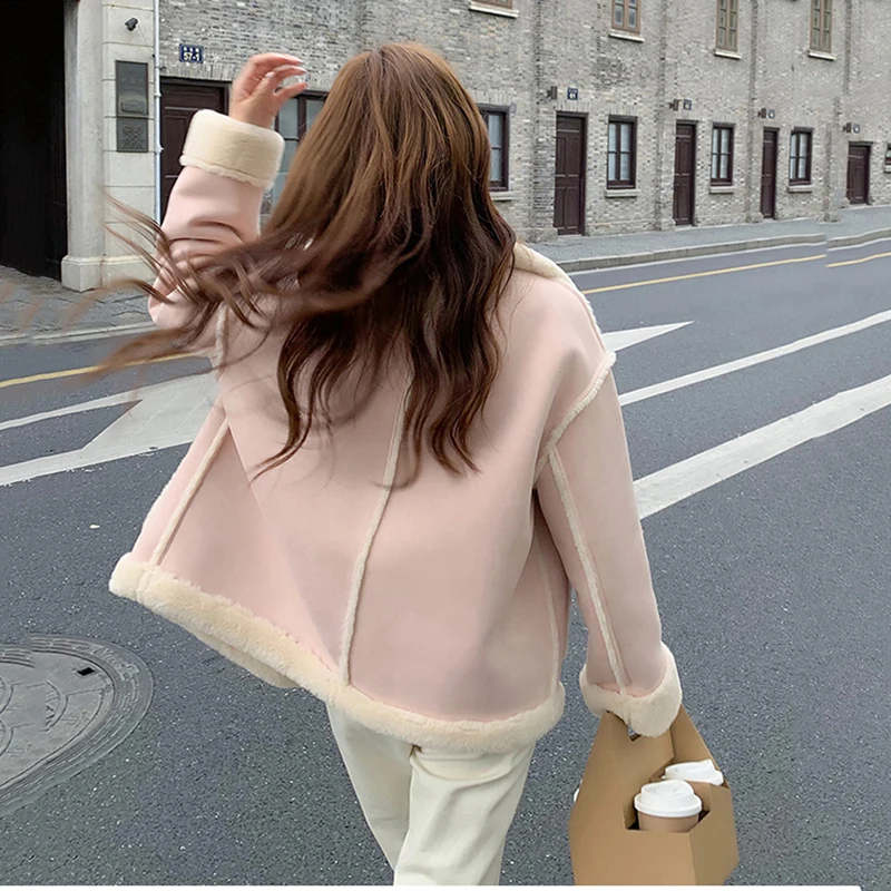 Women's Lamb Plush Coat, Female Outwear, Short Overcoat, Warm Motorcycle Clothes, Fur Jacket, Loose, New, Autumn, Winter, 2023