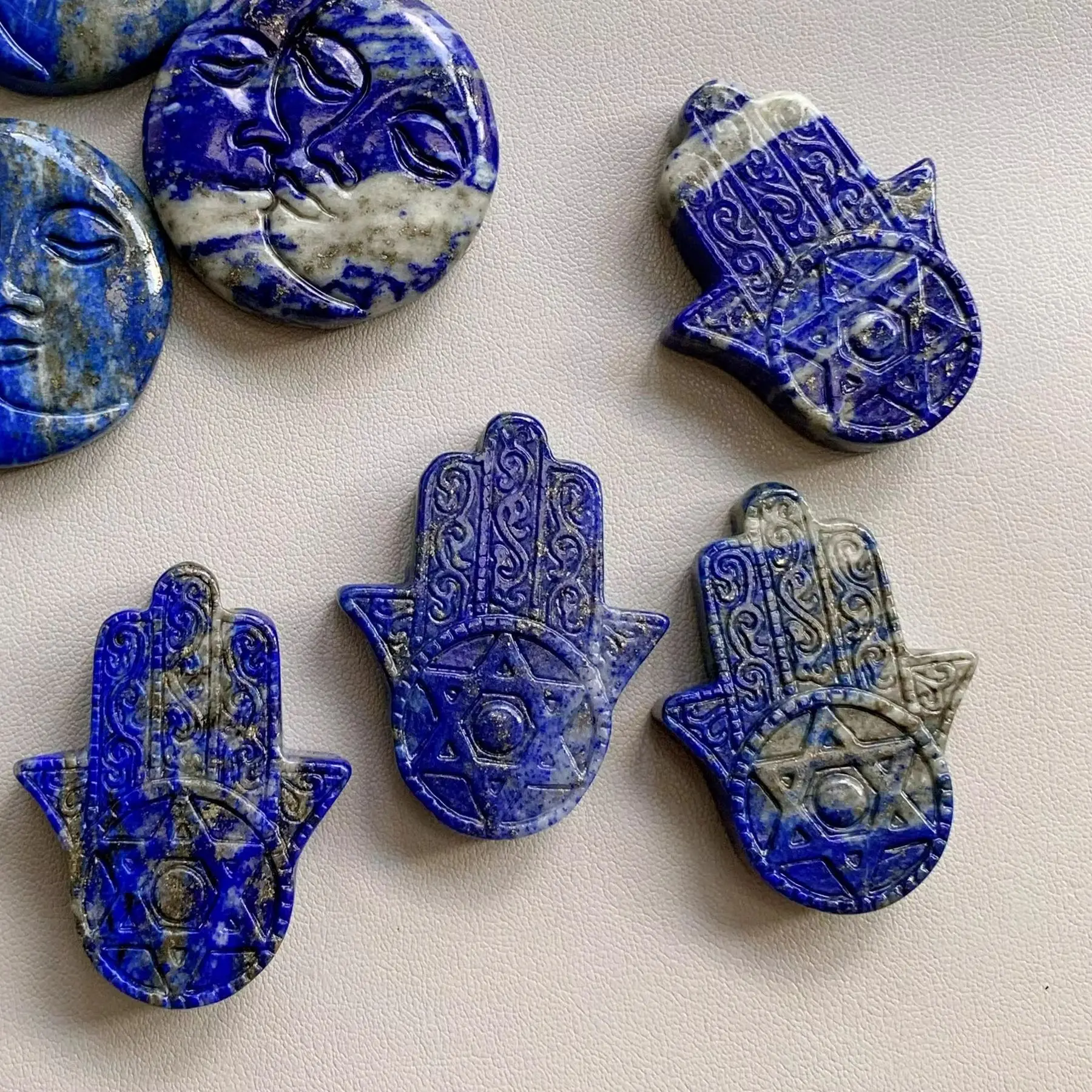 Natural Lapis Lazuli Fatima Hand Carving, Polished Symbol Stone, Healing Energy Home Decor Collectible Gift