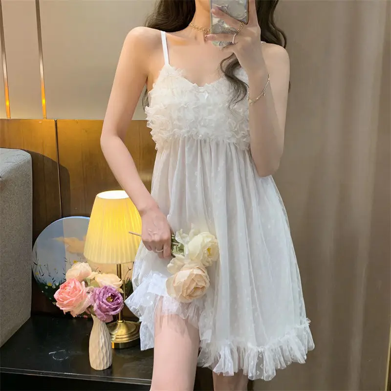 Nightgown Women V-neck Sexy Simple Sweet Casual Lace Patchwork Home Breathable Soft Design Korean Style Sleepwear Summer Fashion