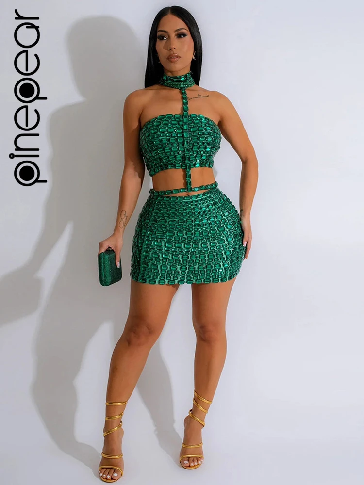 PinePear Charming Two-Piece Short Top Mini Skirt Set 2024 Celebrity Fashion Party Dress Banquets New Heavy Beading Diamonds