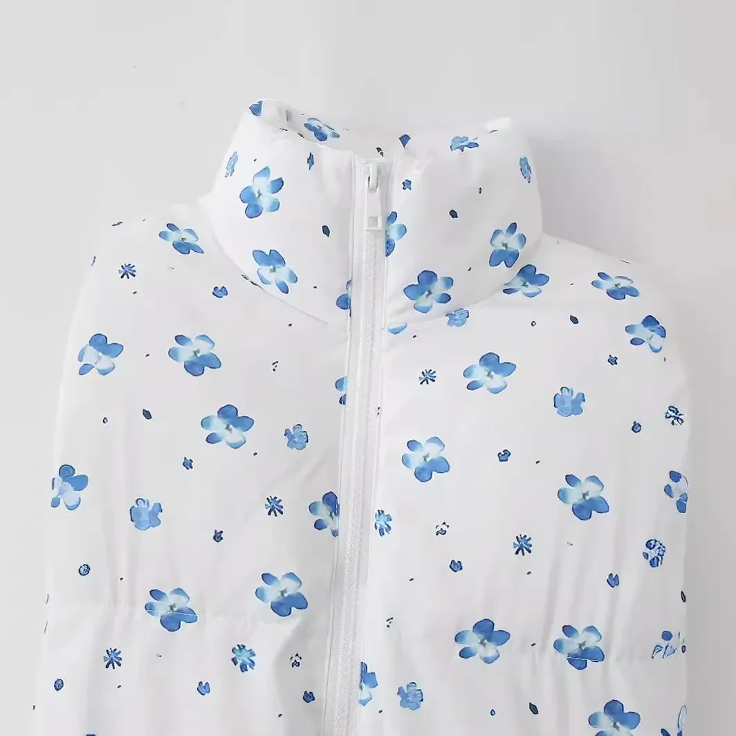 Sweet Blue Flower Print Winter Coat Women 2024 New Stand Collar Warm Fashion Jacket Woman Zipper Streetwear Thickened Outwears