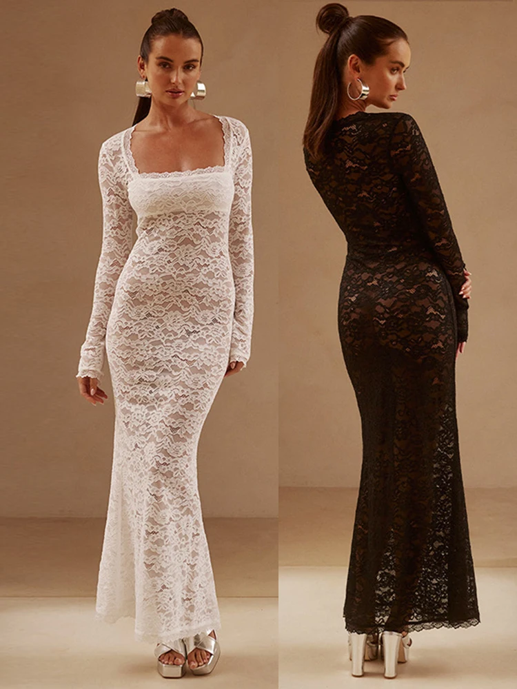 

Elegant Lace See Through Maxi Dress Women Summer Sexy Square Neck Long Sleeve Bodycon Wedding Party Dresses 2023 Long Dress