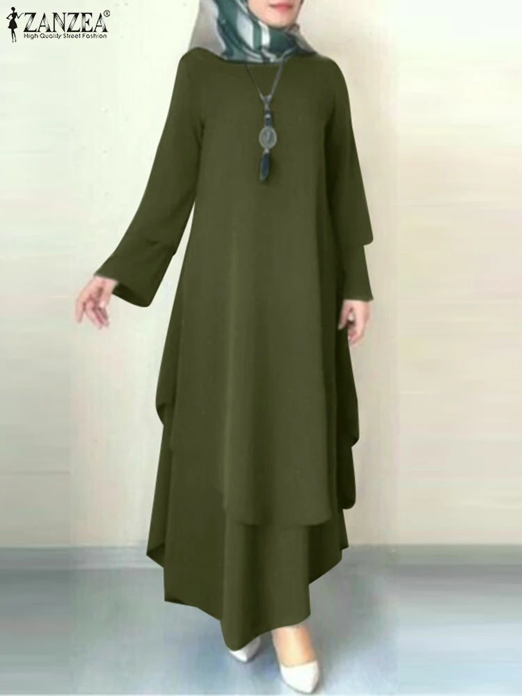 

2023 ZANZEA Autumn Sundress Muslim Hijab Dresses Elegant Causal Abaya Women Oversize RobeTurkey Kaftan Long Sleeve Solid Vestido