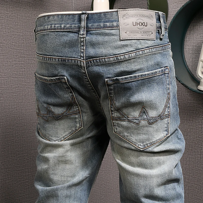 Fashion Designer Men Jeans High Quality Retro Blue Elastic Slim Fit Ripped Jeans Men European Vintage Casual Denim Pants Hombre