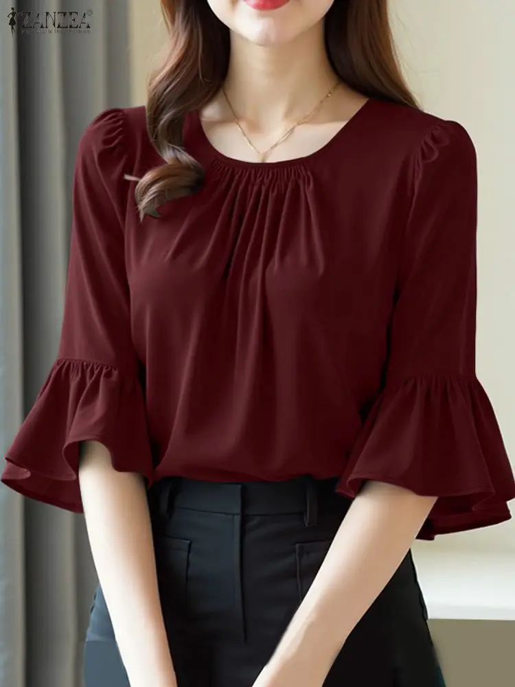 ZANZEA Office Women Blouse Summer Elegant Shirt Women O Neck 3/4 Sleeve Blusas Elegant Solid OL Work Tops Tunic Femme Mujer 2025