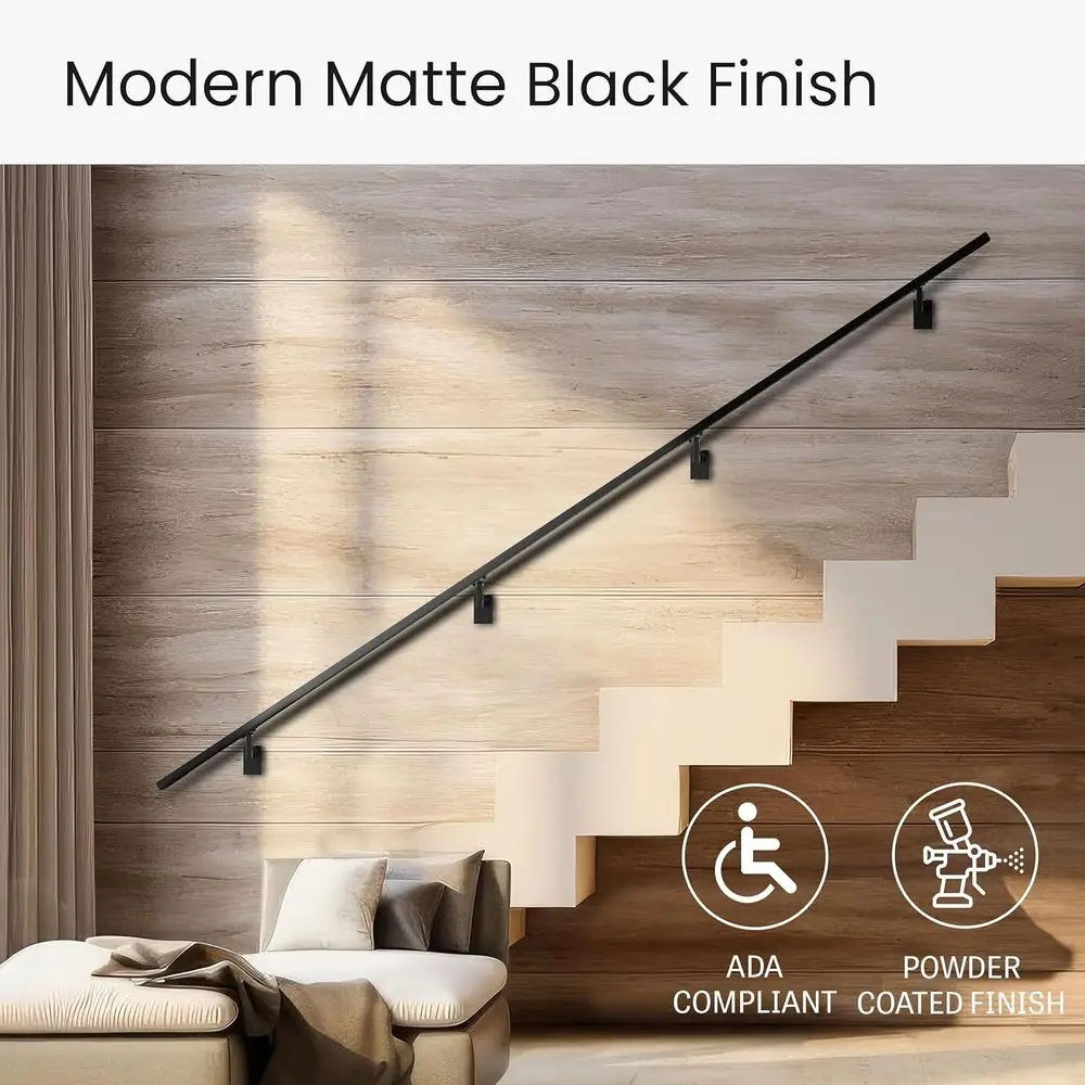 Matte Black Aluminum Handrail DIY Kit with Adjustable Brackets, 6' Length