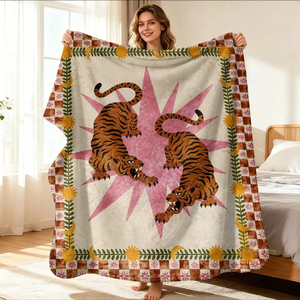 Retro Tiger Art Flannel Blanket Antique Floral Border Print Lightweight Cozy Throw Bedroom Office All Season Daily Use Here Too