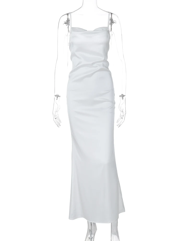 Hugcitar Elegant Satin Slips Backless Solid Bandage Sexy Bodycon Maxi Dress Summer Women Clothes Evening Party Birthday Vacation