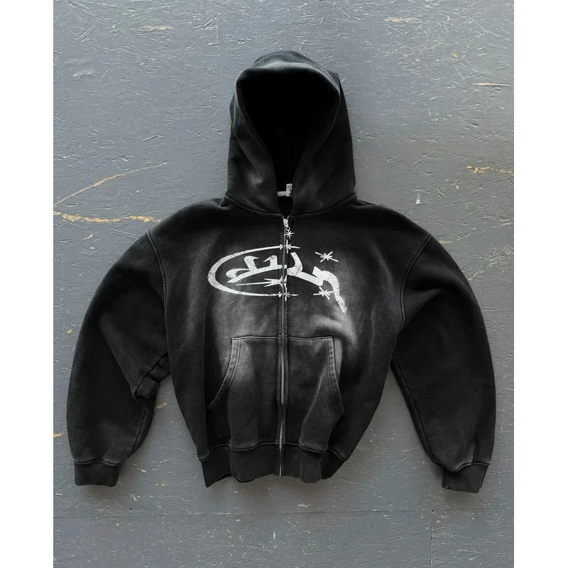 סוודר וינטאג' לנשים בסגנון Y2K מודפס עם רוכסן, חדש בסגנון הראג'וקו היפ הופ עם שרוולים ארוכים וגזרה רחבה ♥ ★ ♥ ☆ ❤