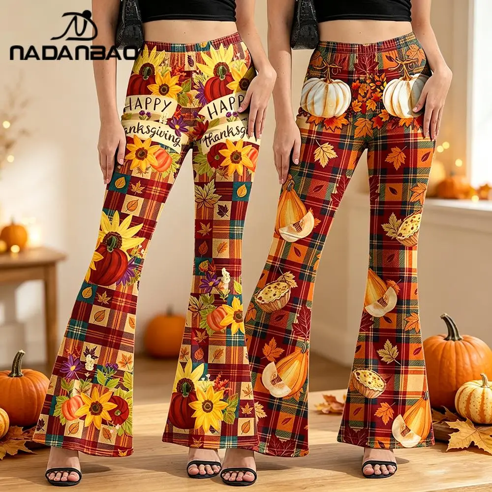 Nadanbao Sunflower Pumpkin Print Flared Pants Happy Thanksgiving Bell Bottoms Women High Waist Plaid Trouser Holiday Party Wear