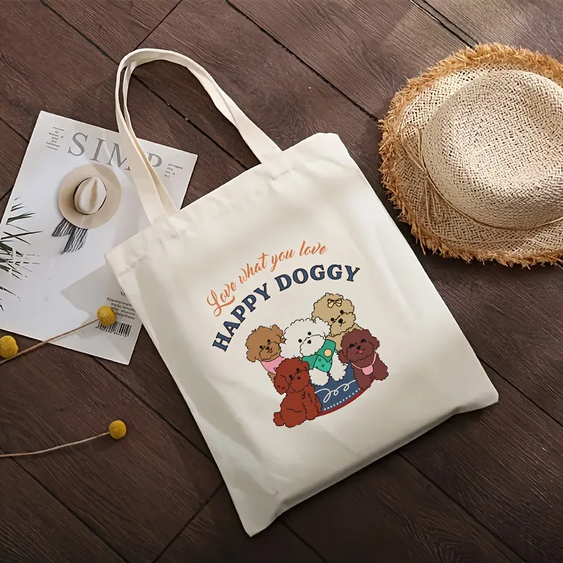 

Women's Canvas Tote Shoulder Bag Cartoon Puppy Happy Doggy Colorful Love Theme Cute Playful Daily Women Bag Bags for Women