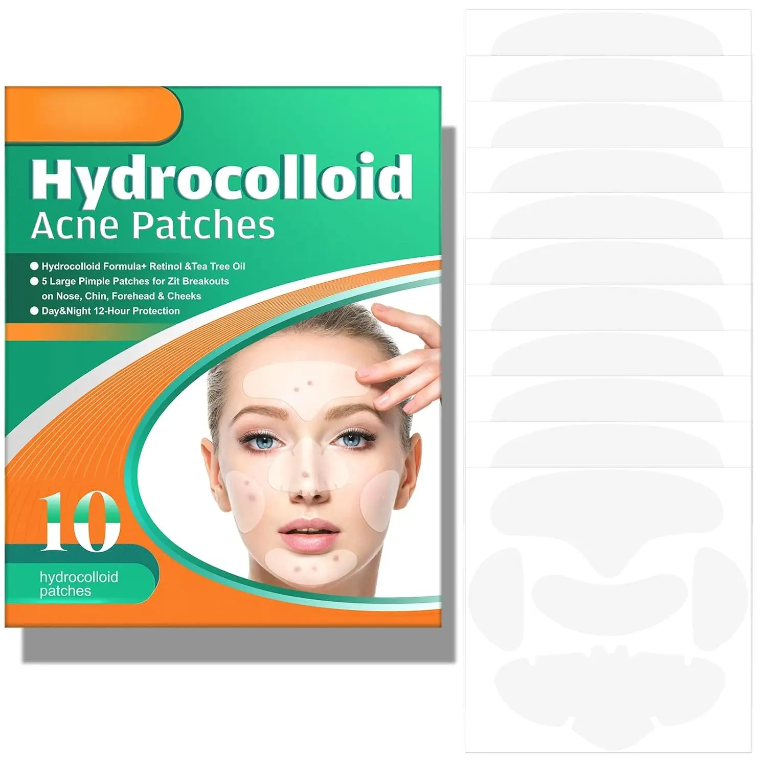 

Hydrocolloid Acne Patches Set – 10 Face-Shaped Pimple Patches for Forehead Nose Cheeks Chin – Retinol & Tea Tree Oil