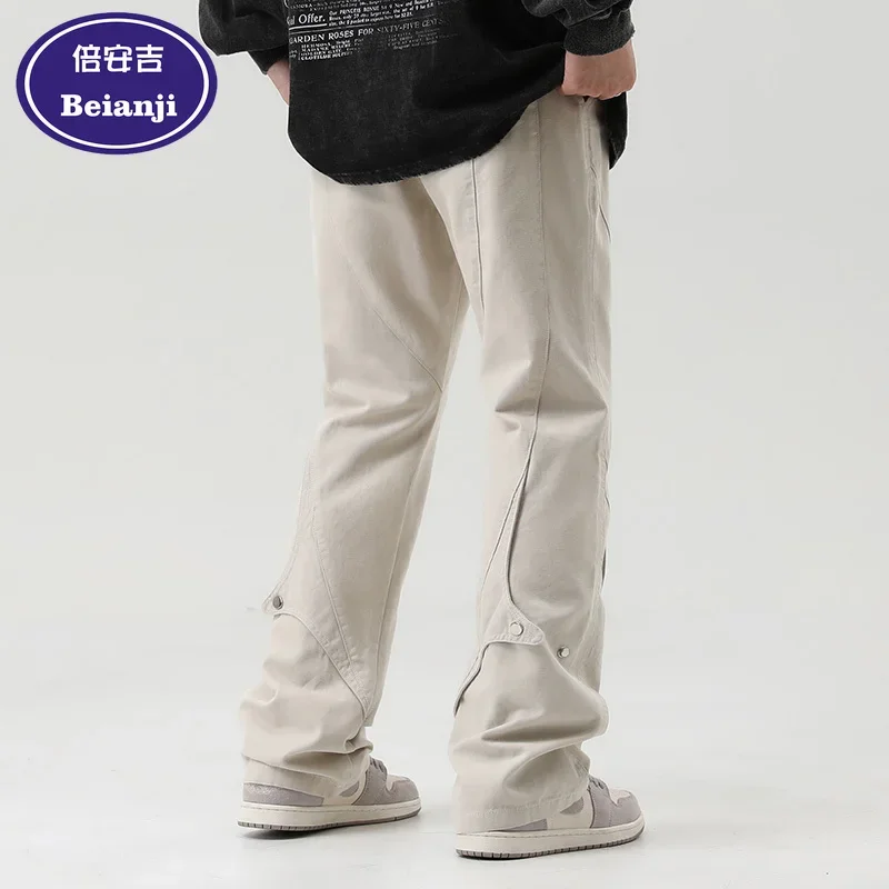 Beianji casual pants men oldschool American retro solid color cargo ins fashion brand all matching slim straight leg long pants