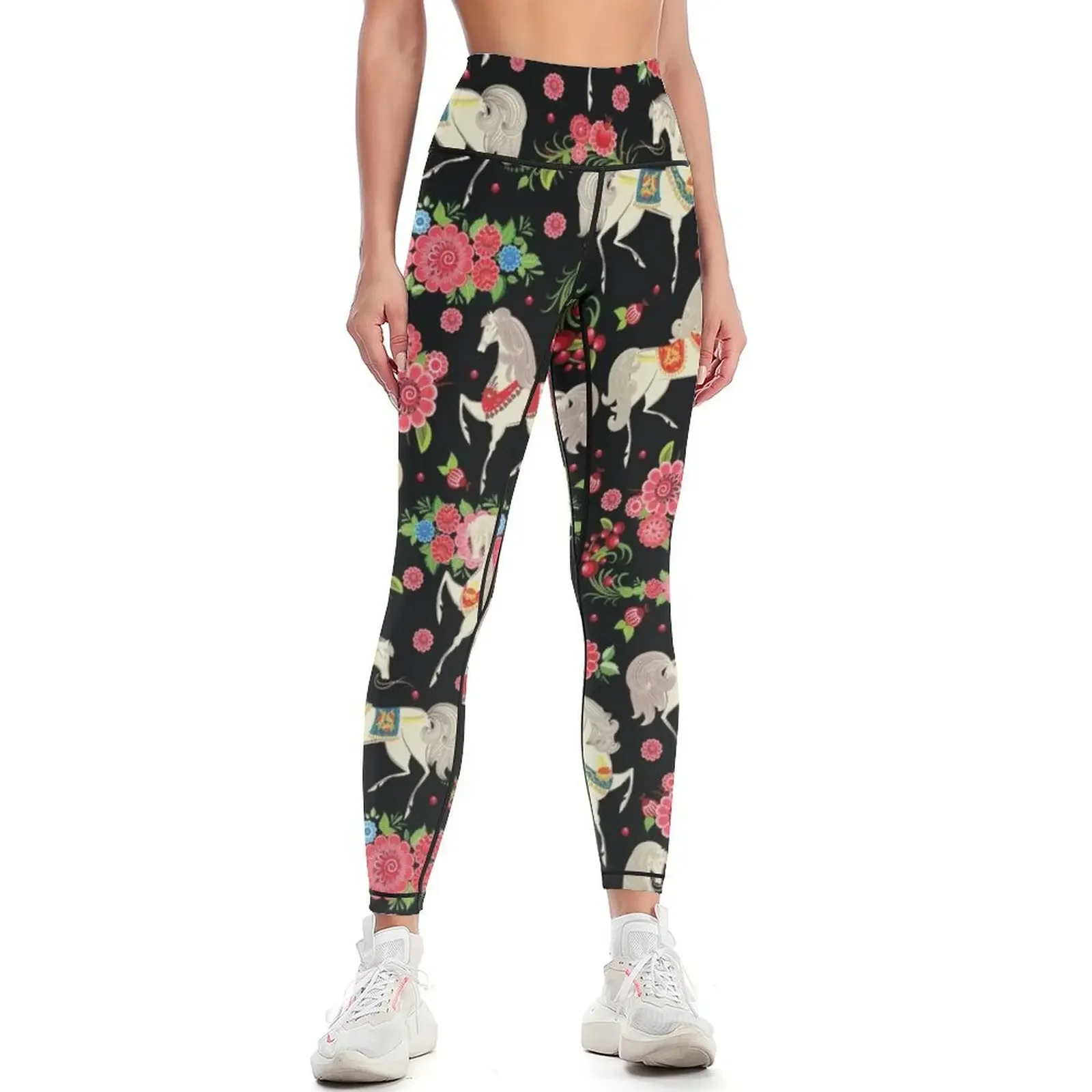 Dancing Horse with Red Rose Flower in Black Background Pattern Leggings sports shirts gym Women's sports pants Womens Leggings