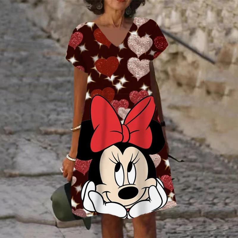 

Summer Women's Elegant Disney Minnie Mickey Mouse 3D Printed Dress V Neck Short Sleeves Dress Casual Female Boho Loose Dress