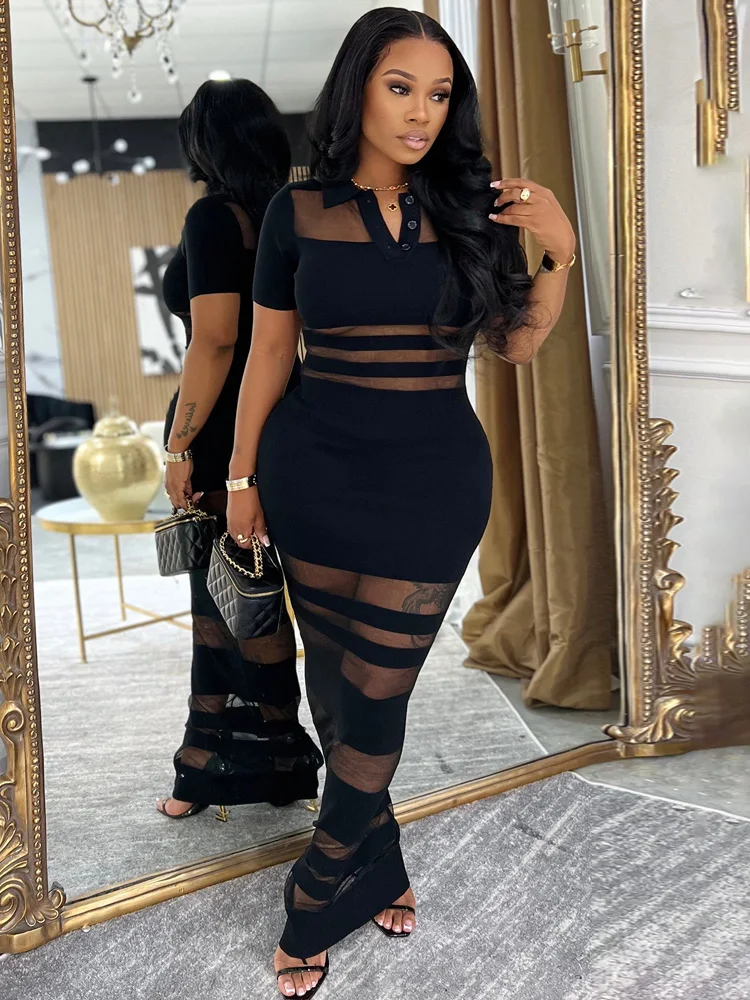 Beyprern – robe Maxi transparente à rayures pour femmes, col rabattu, Sexy, robes de soirée en cage, tenue de soirée, Clubwear