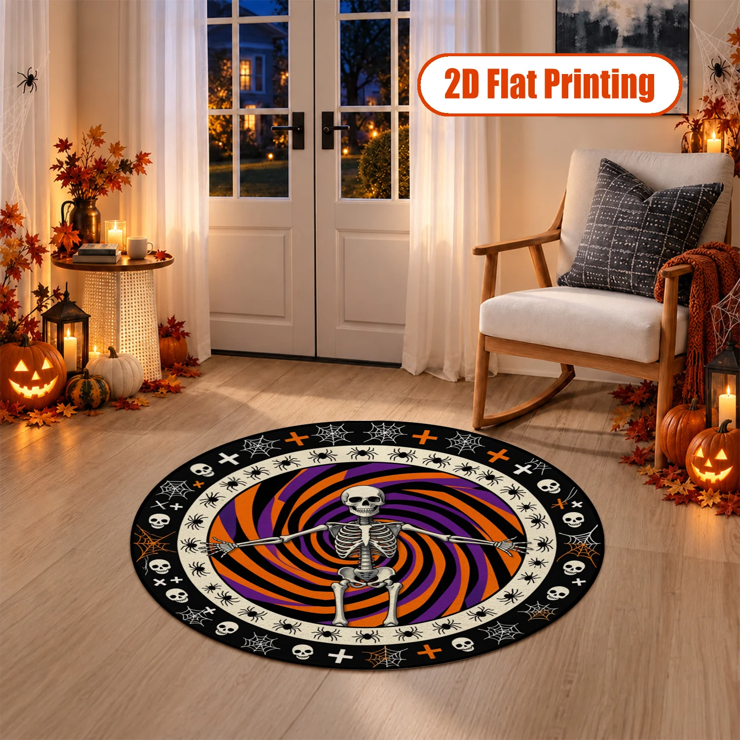 Skeleton Spider Web Spiral Round Velvet Rug Machine Washable for Living Room Bedroom Entryway Dining Room Halloween Thanksgiving Black Friday Christmas New Year