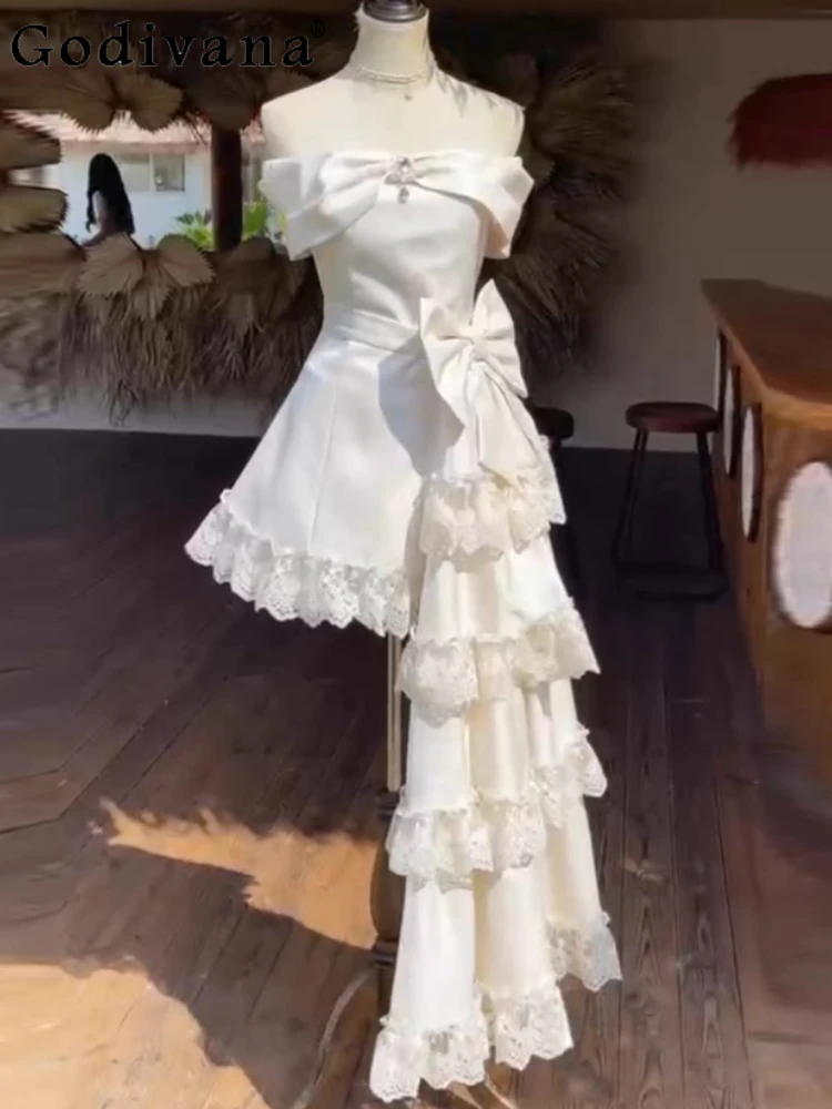 

New Romantic White Elegant Slash Neck Bow Engagement Evening Dress Temperament Girl Sweet High Waist Birthday Princess Dresses
